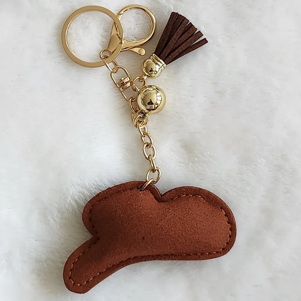Cowboy Hat Leopard Print Keychain with Gold Accents Bag Charm Cow Girl Hat